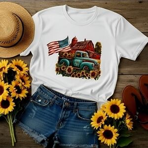 Country Life Patriotic Farm Truck Sunflower Tee | Rustic Americana Graphic